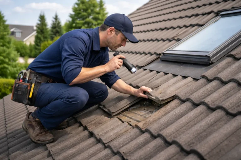 Dakdekker inspecteert dakpannen en controleert beginnende dakschade op een woning