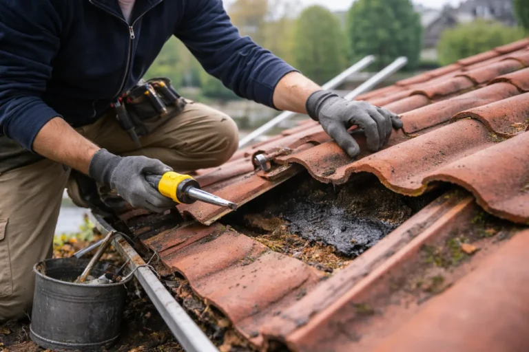 Dakdekker in Amersfoort herstelt beschadigde dakpannen om lekkage te voorkomen