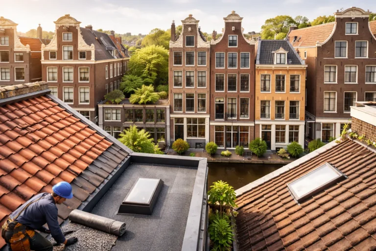 Dakdekker werkt op Amsterdams dak met pannendak en plat dak