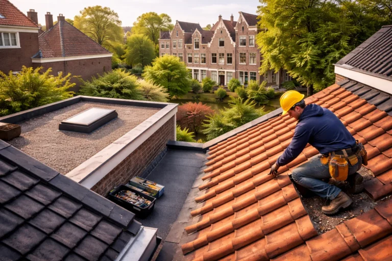 Dakdekker in Haarlem werkt aan pannendak en controleert dakdetails