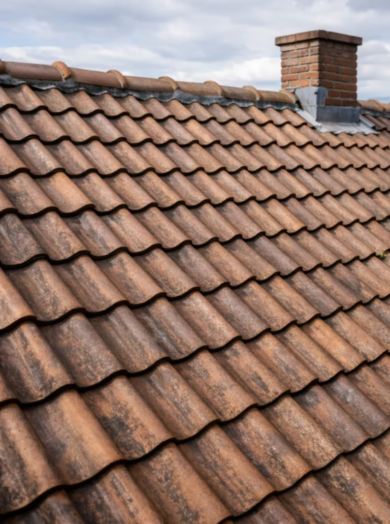 Pannendak met dakpannen en schoorsteen in Hilversum