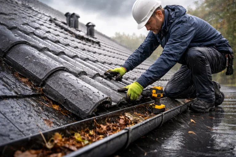 Dakdekker Almere inspecteert dakpannen en dakgoot tijdens zware regen en wind