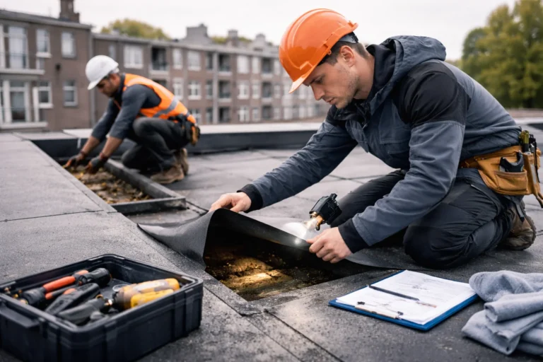Dakdekker Amsterdam inspecteert plat dak van appartementencomplex