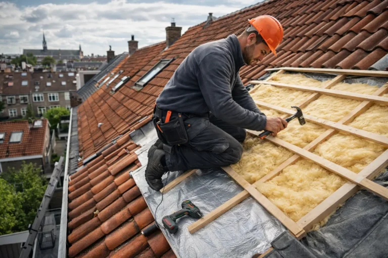 Dakdekker Haarlem bezig met dakrenovatie en isolatie op schuin dak van woning