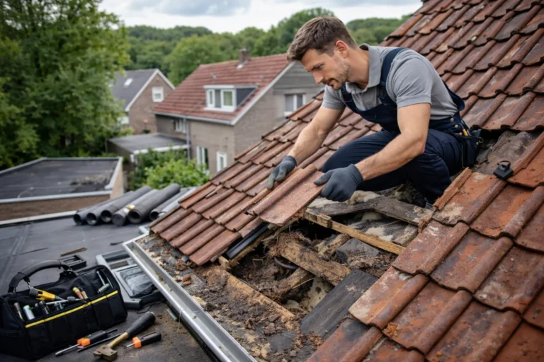 Dakdekker inspecteert dakrenovatie in Nijmegen met dakpannen