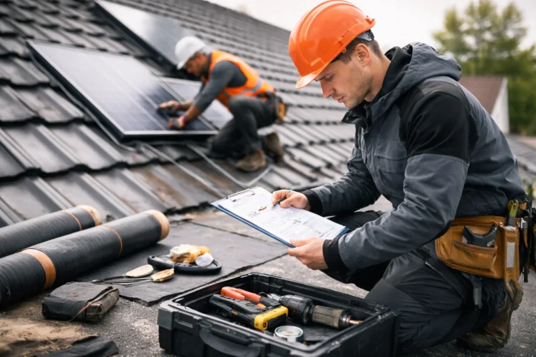 Dakdekkers controleren een dak en vergelijken offerte tijdens inspectie
