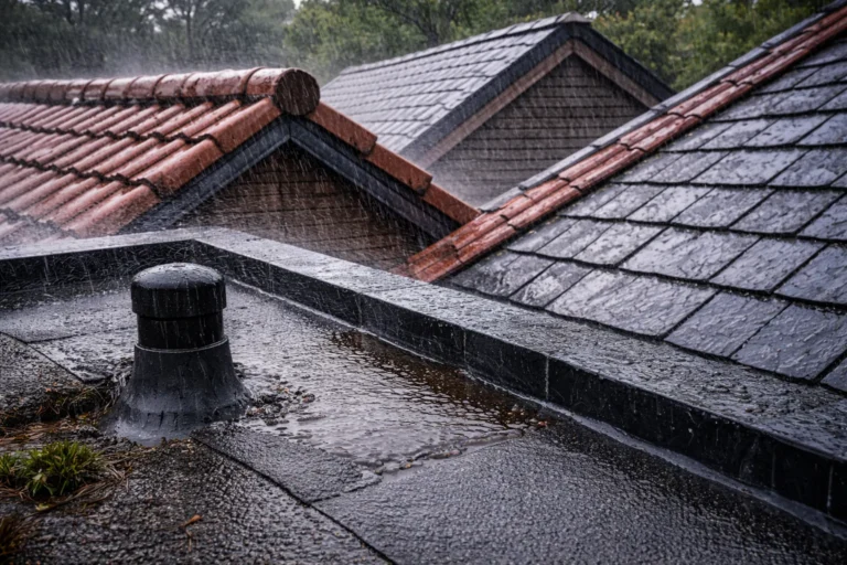 Dakbedekking in zware regen op plat dak met EPDM en pannendaken op de achtergrond in Nijmegen