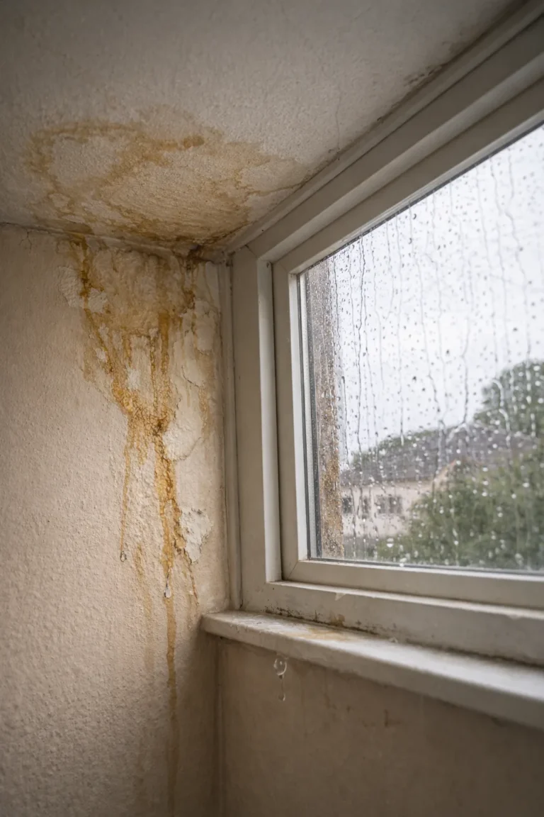 Vochtplek op plafond en wand bij een raam na regen, eerste signaal van daklekkage
