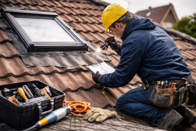 Dakdekker inspecteert dakraam tijdens preventieve dakinspectie in Haarlem
