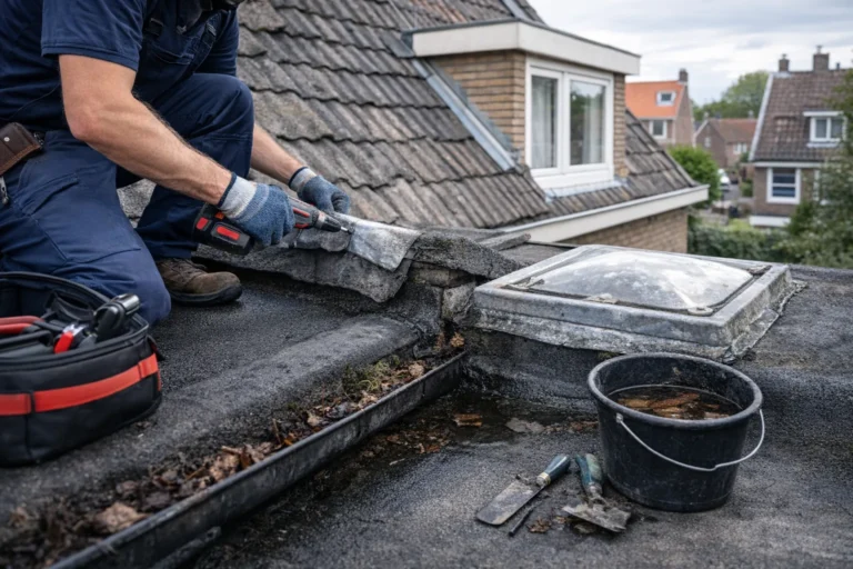 Dakdekker inspecteert plat dak in Utrecht en controleert naden, randen en lichtkoepel