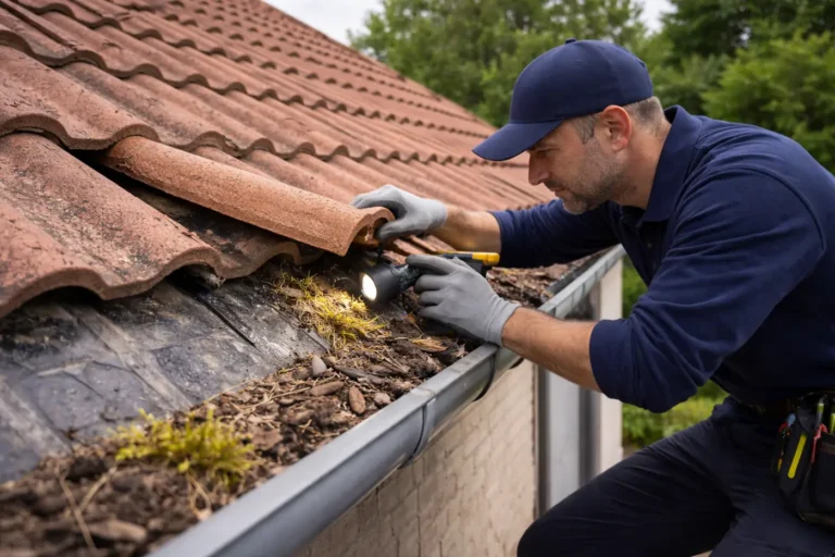 controleert dakpannen en dakgoot om stormschade te voorkomen in Amersfoort