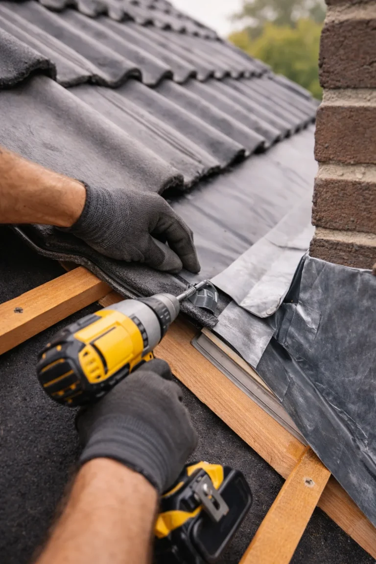 Dakdekker bevestigt dakpannen met accuboormachine bij aansluiting naast schoorsteen