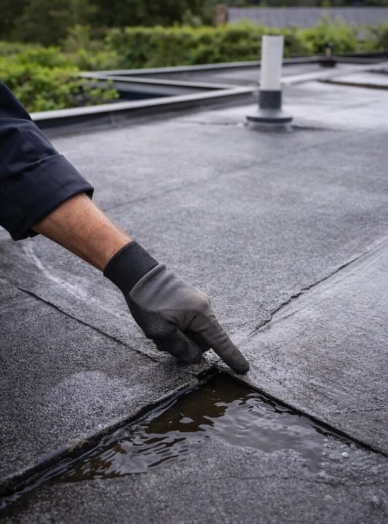 Dakdekker inspecteert pannendak en plat dak op naden, afvoer en lekkagerisico in Hilversum