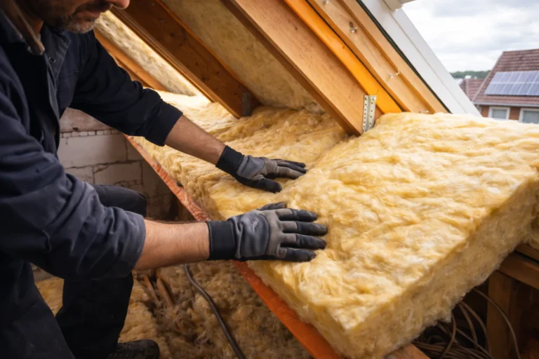 Dakdekker plaatst dakisolatie aan de binnenzijde van een schuin dak in Eindhoven