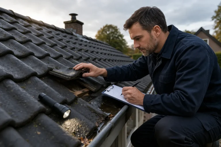 dakdekker inspecteert dak op lekkage en slijtage tijdens periodieke controle