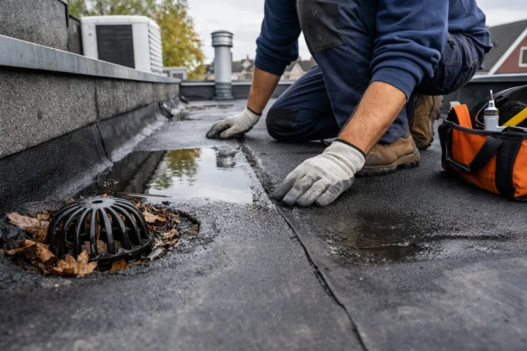 Dakdekker Almere controleert plat dak met stilstaand water en afvoer