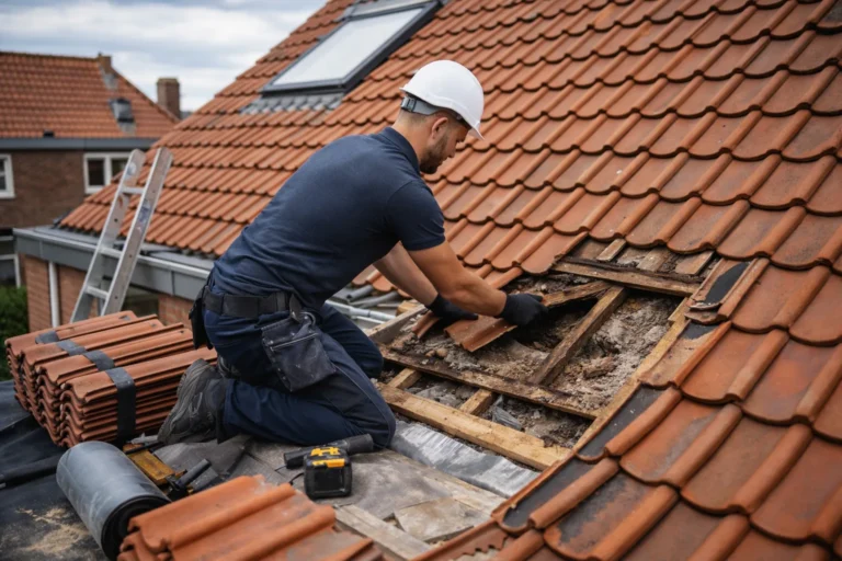 dakdekker Ammerzoden vakman die dakpannen repareert op schuin dak