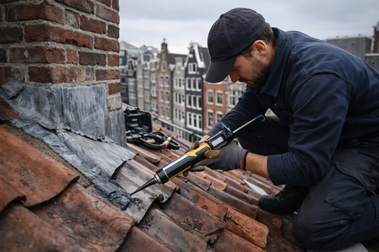 Dakwerker voert dakdekker Amsterdam werkzaamheden uit aan een lekkend dak in een stedelijke woning
