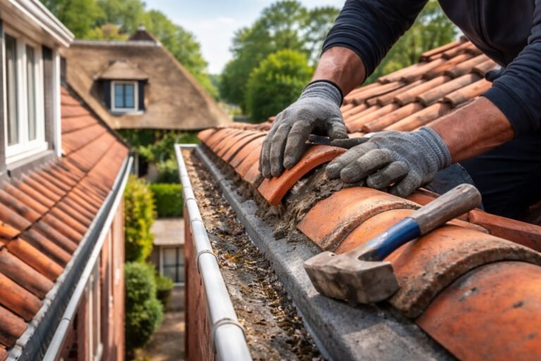 Vakman van dakdekker Hilversum controleert nokvorsten en goot op een pannendak