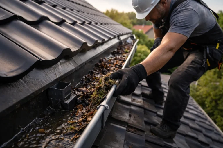 Dakdekker Hilversum reinigt dakgoot en afvoer met bladeren en vuil op dak