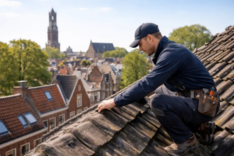 Dakinspecteur controleert een pannendak tijdens dakdekker Utrecht werkzaamheden op een woning