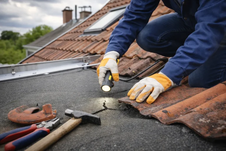Dakdekker Amersfoort inspecteert scheur in dakbedekking tijdens professionele dakcontrole
