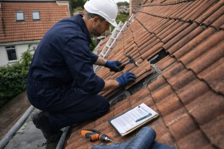 Ervaren dakdekkers controleren en herstellen een pannendak