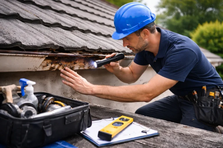 Dakdekker controleert een dak op signalen van lekkage en houtrot