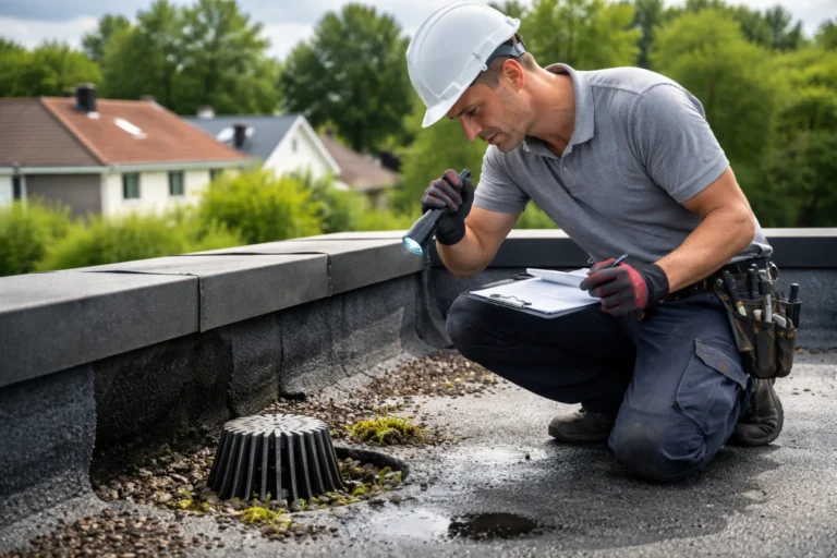 Dakdekker controleert een plat dak tijdens een jaarlijkse dakinspectie