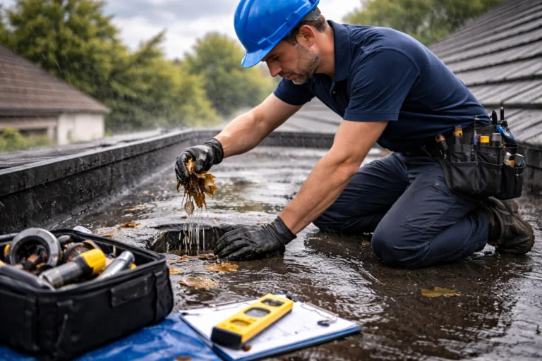 Dakdekker Almere controleert een plat dak bij regen en wind om afvoer en schade te inspecteren
