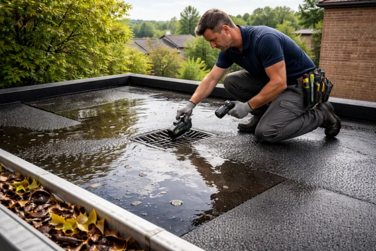 Dakdekker Almere controleert een plat dak op regenwater en afvoerproblemen