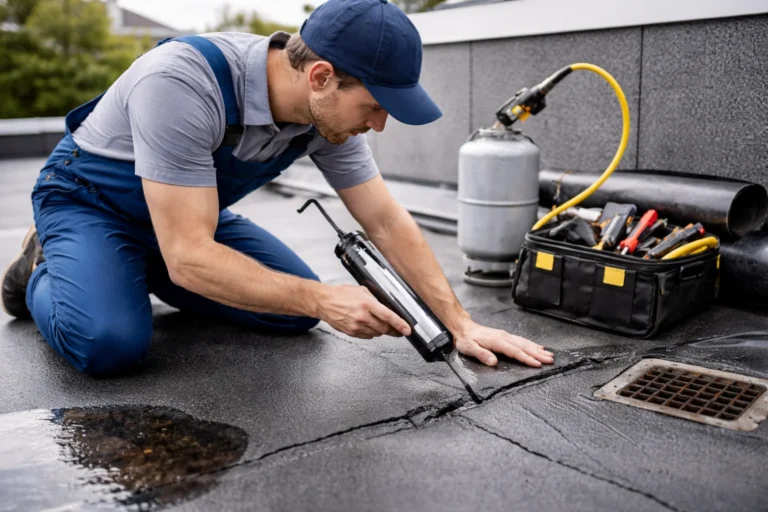 Dakdekker voert dakdekker Almere werkzaamheden uit op een plat dak met scheurherstel en controle van afvoer