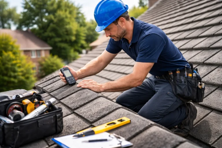 Dakdekker Amersfoort voert preventieve dakcontrole uit op een schuin dak met inspectie gereedschap