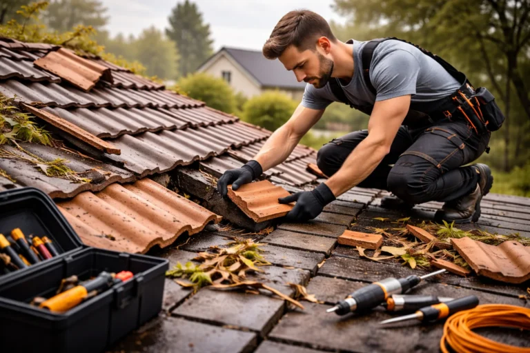 Dakdekker Amersfoort controleert stormschade op een dak met verschoven dakpannen en natte dakdelen