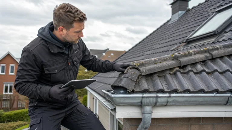Dakdekker Amersfoort controleert dakpannen en dakgoot tijdens professionele dakinspectie