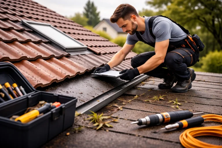 Dakdekker Ammerzoden controleert een pannendak en inspecteert details bij dakservice, onderhoud en reparatie