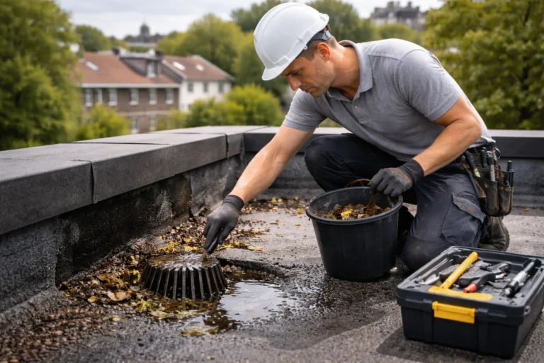 dakdekker Amsterdam controleert een plat dak en maakt de afvoer schoon