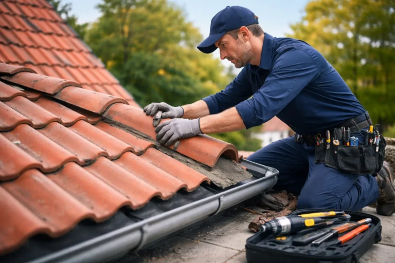 Dakdekker Hilversum voert onderhoud uit aan dak met pannen en goot