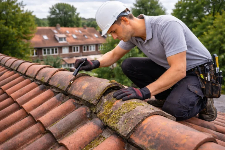dakdekker Hilversum inspecteert nokvorsten en dakpannen op een hellend dak
