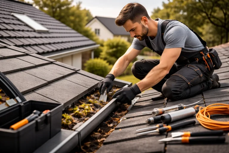 Dakdekker Nijmegen voert gericht onderhoud uit aan een woningdak en controleert de dakgoot op vuil en slijtage