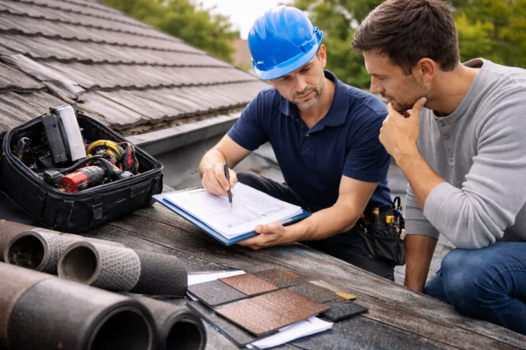 Dakdekkers bespreken offerte, materiaalkeuze en dakinspectie met een klant op het dak