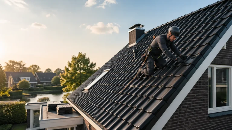 Dakdekkers inspecteren een strak pannendak van een moderne woning