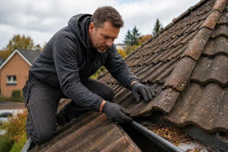 Dakdekker controleert dakpannen en goot tijdens onderhoud op een woning