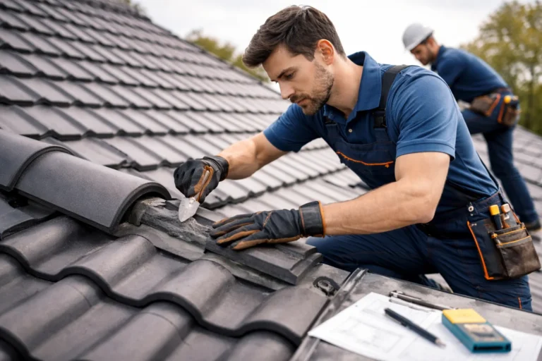Dakdekkers werken zorgvuldig aan een dak met focus op materiaalkeuze en nette afwerking