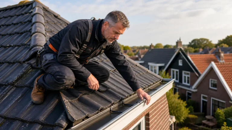 Dakdekker controleert dakpannen en dakgoot op schade