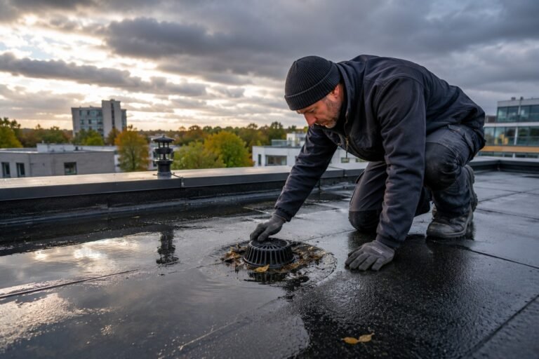 Dakdekker Almere controleert een plat dak en afvoer om lekkages, stilstaand water en slijtage te voorkomen.