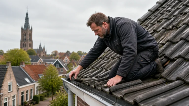Dakdekker Ammerzoden controleert pannendak bij dakgoot