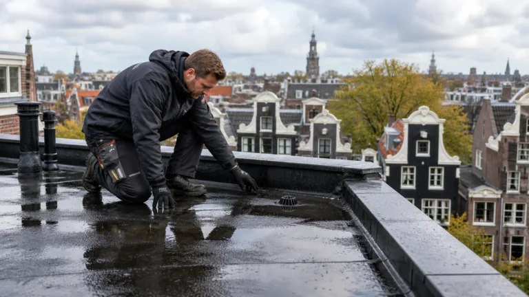 Dakdekker Amsterdam controleert een nat plat dak op afvoer, randen en slijtage met stadswoningen op de achtergrond