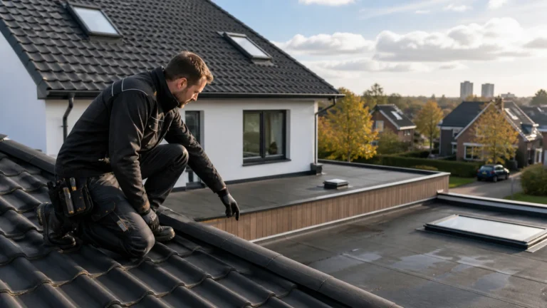 Dakdekker Eindhoven controleert een dak met pannendak en plat dak voor keuze tussen EPDM bitumen en dakpannen