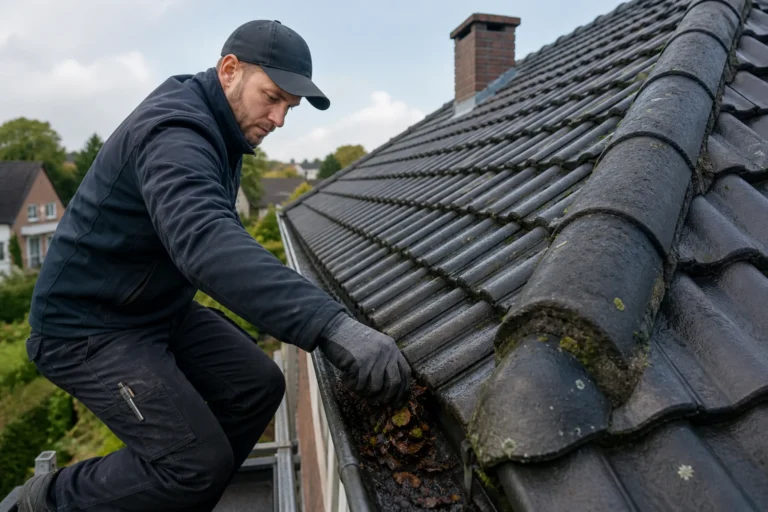 Dakdekker Hilversum maakt een dakgoot schoon en controleert dakpannen en nokvorsten op lekkage